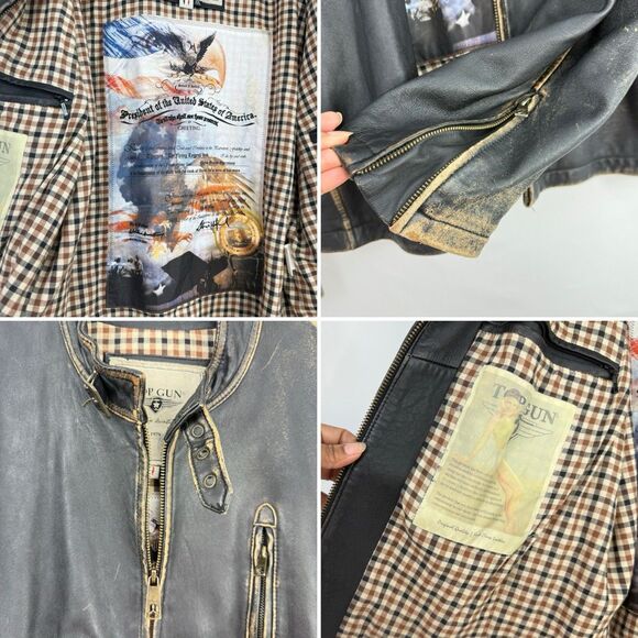 Top Gun Leather Jacket Mens XXL Distressed Moto Aviator Vintage Aviation - Picture 15 of 16